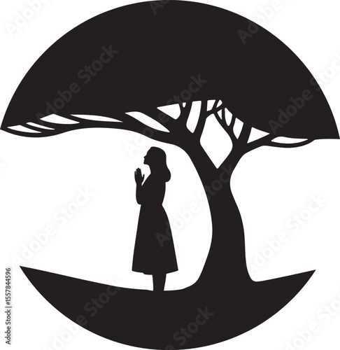 Woman Praying Underneath a Tree Black and White Silhouette Illustration