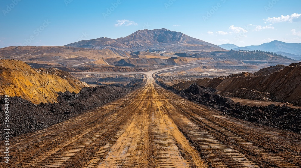 Naklejka premium Open-pit mine road winding through a landscape of earth and mountains.