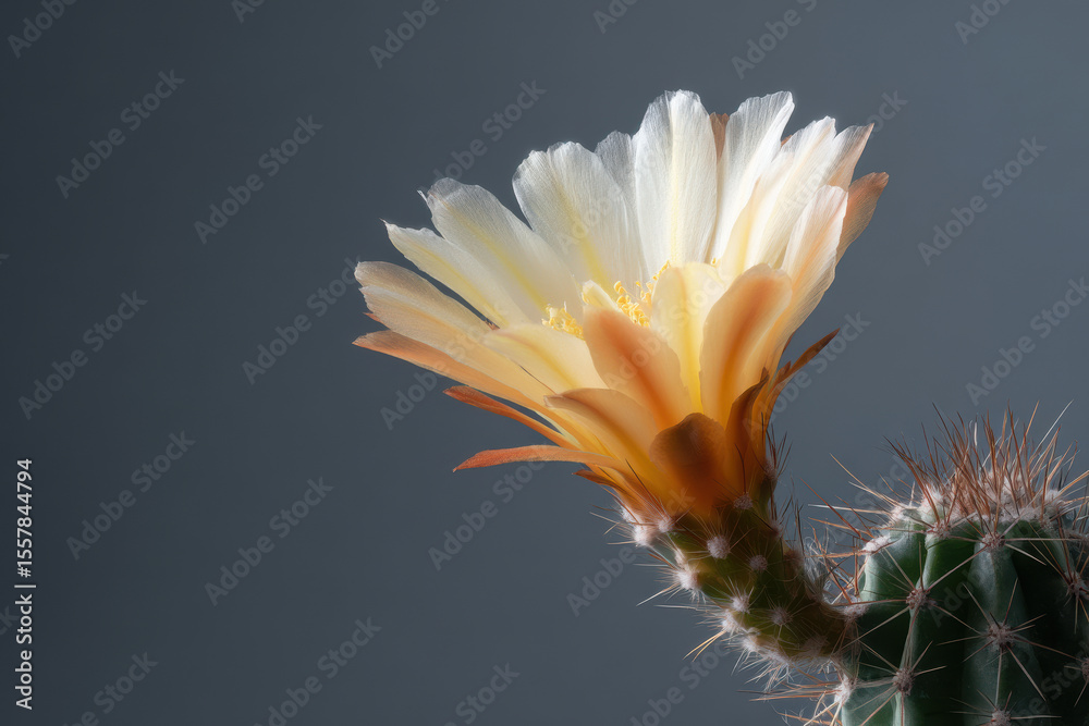 Fototapeta premium closeup of single blooming cactus focusing on its ultrabright flowers