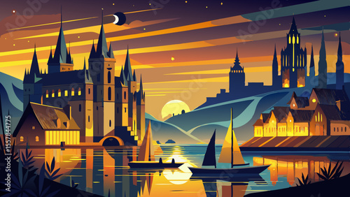 Gothic towers light up under night sky, river Danube calm and mirror-like. Warm yellow glow outlines architecture, boats pass quietly, magical mix of structure and reflection.

