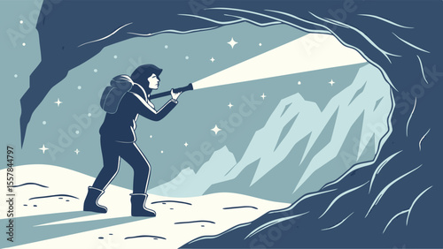 Winter Cave Exploration: Adventurer with Flashlight Discovers Icy Mountain Cavern Entrance at Night with Falling Snow