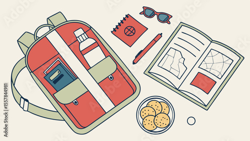 Travel Essentials Flat Lay: Backpack, Passport, Map, Sunglasses, and Snacks for Adventure Planning