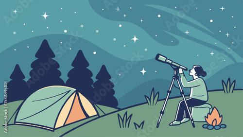 Night Stargazing Adventure: Illustrated Scene of a Person Using a Telescope While Camping Under a Starry Sky with Tent and Campfire