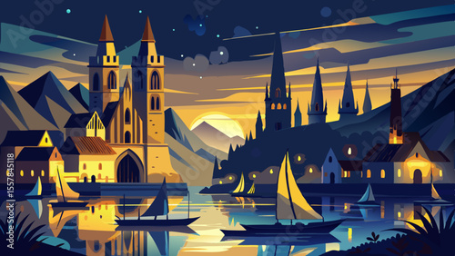 Gothic towers light up under night sky, river Danube calm and mirror-like. Warm yellow glow outlines architecture, boats pass quietly, magical mix of structure and reflection.

