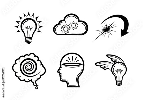 collection of icons showing ideas, innovation, thoughts, processes in black and white vector format This image features a transparent background, making it versatile for various design projects.