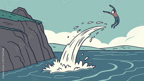 Dynamic illustration of a person mid-air, leaping from a powerful water splash near a coastal cliff, symbolizing freedom, challenge, and bold action.