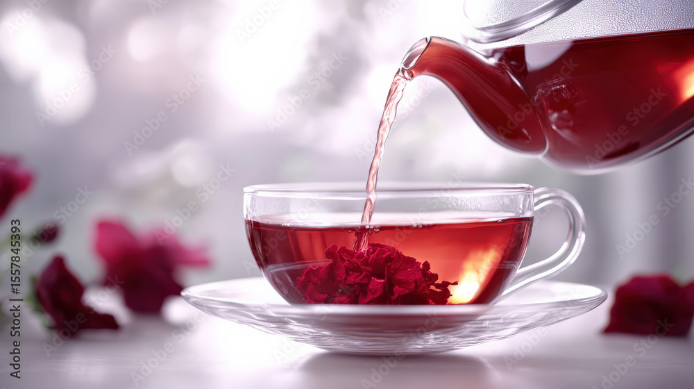 Fototapeta premium Pouring rose tea into glass cup with flowers on soft background