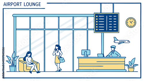 Airport Lounge Interior with Travelers and Staff. Flat Line Vector Illustration of Waiting Area, Flight Information Board, and Reception Desk.