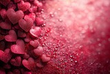 Romantic red background featuring glittering hearts with soft bokeh effect