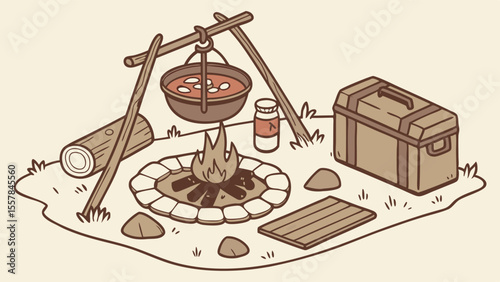 Cozy Campfire Cooking Scene with Stew Pot and Camping Gear in Retro Line Art Illustration