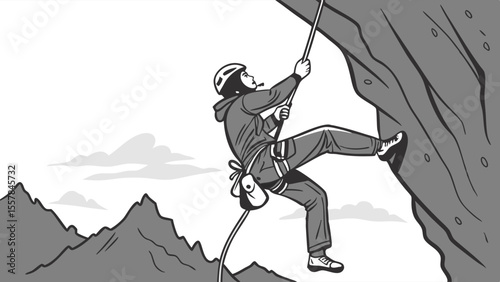 Dynamic Black and White Illustration of a Person Rappelling Down a Rugged Mountain Cliff, Depicting Adventure and Outdoor Sport