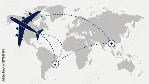 World Map with Airplane Icon and Dotted Lines Illustrating Global Flight Routes, International Travel, and Logistics Network Concept