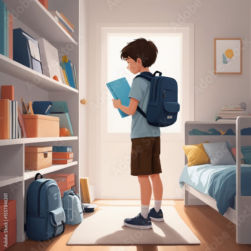 Cozy vector illustration of a young boy standing in his room holding a book, looking at a bookshelf filled with various books, with a bed and backpack nearby