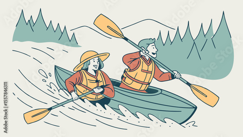 Two People Kayaking on a River with Rapids, Enjoying Outdoor Adventure and Water Sports in a Stylized Nature Landscape Illustration