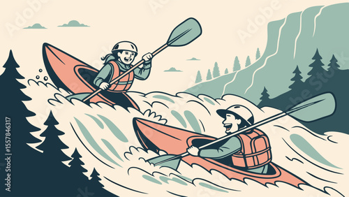 Dynamic White Water Kayaking Adventure Illustration with Two People Navigating Rapids in a Retro Style, Depicting Outdoor Sport and Teamwork
