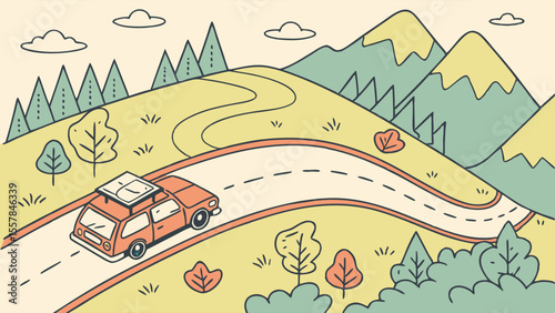 Winding Mountain Road Trip: Retro Car Illustration on a Scenic Journey Through Green Hills and Peaks