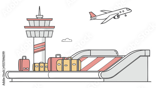 Airport Operations Illustration: Airplane Takeoff, Air Traffic Control Tower, and Baggage Claim Carousel with Luggage
