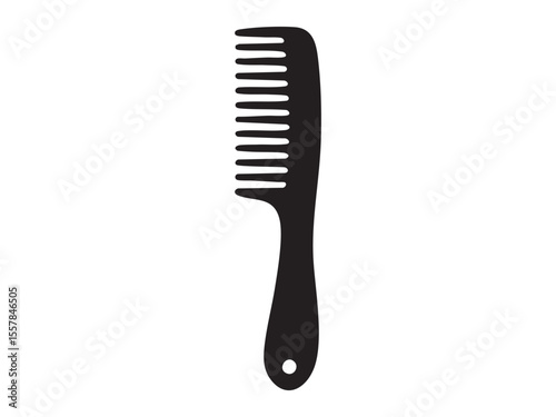 Black silhouette of hair comb with handle and wide teeth isolated on white background, graphic illustration. concept of beauty tool, hair care, grooming, icon, design element