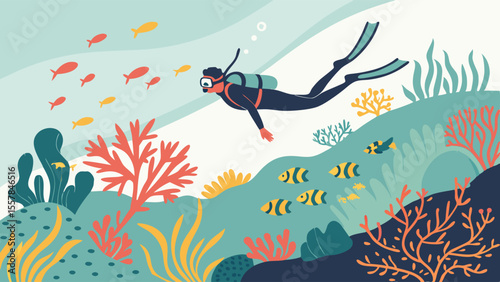 Scuba Diver Exploring Vibrant Coral Reef with Colorful Fish in Clear Ocean Water, Underwater Marine Life Illustration