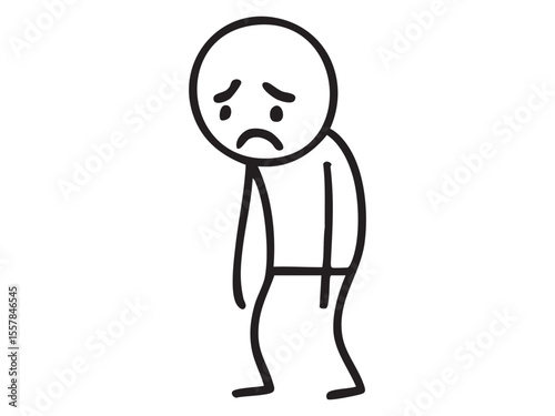 Black stick figure man showing sad emotion in simple cartoon doodle style, isolated on white background. concept of feelings, human, sketch art, expression, minimalist design