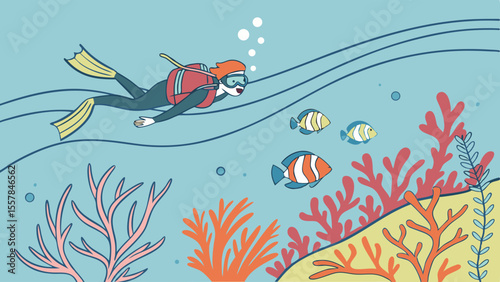 Vibrant Underwater Scuba Diving Adventure with Tropical Fish and Coral Reef in Flat Illustration