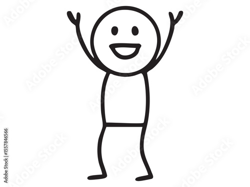 Black stick figure man expressing happy emotions in cartoon doodle style, illustration isolated on white background. concept of happiness, joyful character, art, graphic design element