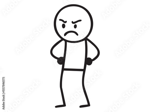 Black stick figure man with angry emotions in cartoon doodle style, isolated on white background. concept of character design, mood icon, comic illustration, simple graphic art