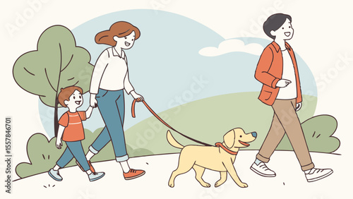 Joyful Family Walking Their Dog Outdoors: Parents and Child Enjoying a Leisurely Stroll in the Park with Their Beloved Pet, Illustrating Happiness ...