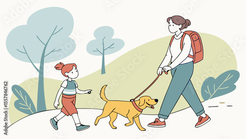 Woman and Child Walking Dog in Park. Happy Family Strolling Outdoors with Pet. Leisurely Activity in Green Nature Setting. Flat Vector Illustration.