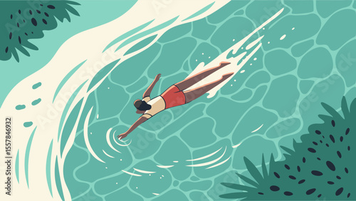 Aerial View of Person Swimming in Clear Turquoise Water Amidst Lush Green Foliage, Capturing Summer Relaxation and Tranquil Nature