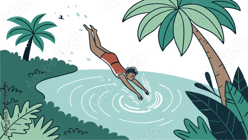 Woman Diving into Serene Tropical Lagoon Illustration. Summer Vacation Scene with Person Plunging into Clear Water Surrounded by Lush Palm Trees an...