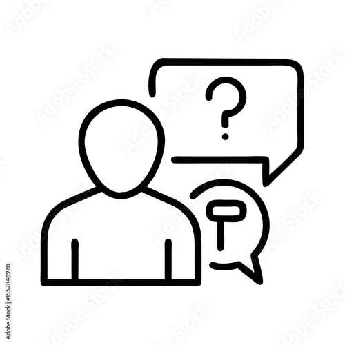 Line drawing of person with speech bubble and question mark  
