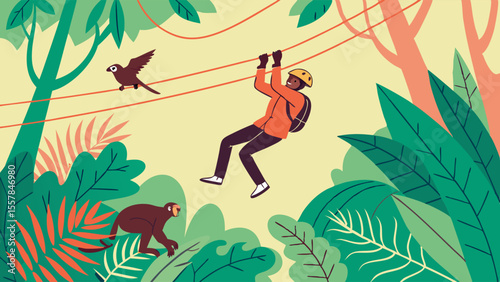 Adventurous Person Zip-lining Through Lush Tropical Jungle Canopy with Monkey and Bird, Ecotourism Adventure Activity in Rainforest, Flat Vector Il...