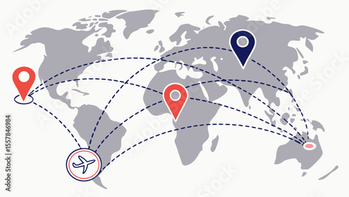 Global Logistics and Travel Network Concept: Stylized World Map with Connected Location Pins and Airplane Routes