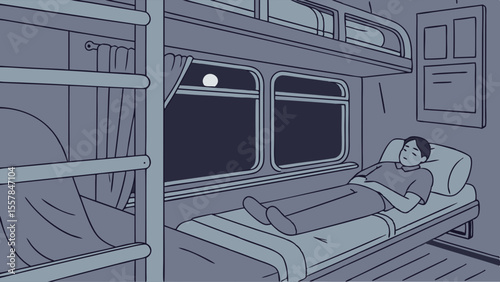 Night Train Journey: Person Resting in Bunk Bed with Moonlight View
