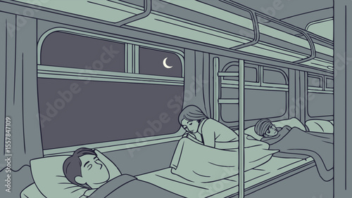 Pensive woman awake in a train sleeper car at night under a crescent moon