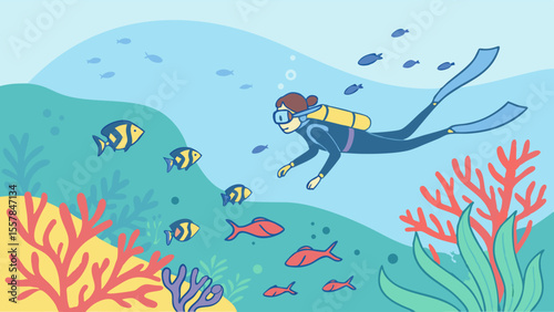 Scuba diver exploring vibrant coral reef with fish. Underwater ocean adventure illustration.