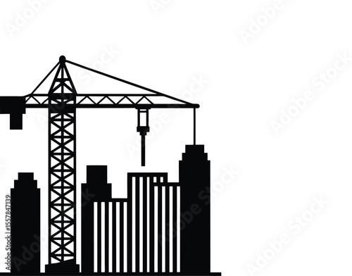 Tower Crane Silhouette,  Urban Construction Site Vector Art.