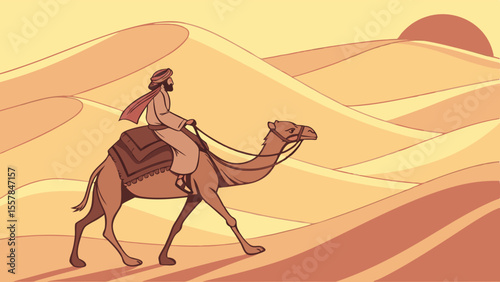 Desert traveler on camelback, journeying across warm sand dunes under a setting sun, depicting traditional arid landscape adventure.