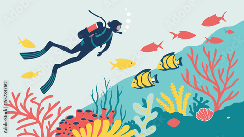 Scuba Diver Exploring Colorful Coral Reef and Tropical Fish Underwater Illustration