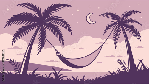 Tropical Night Hammock Retreat: Serene Palm Trees, Moon, and Stars Illustration