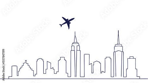 Minimalist City Skyline with Flying Airplane Line Art Illustration