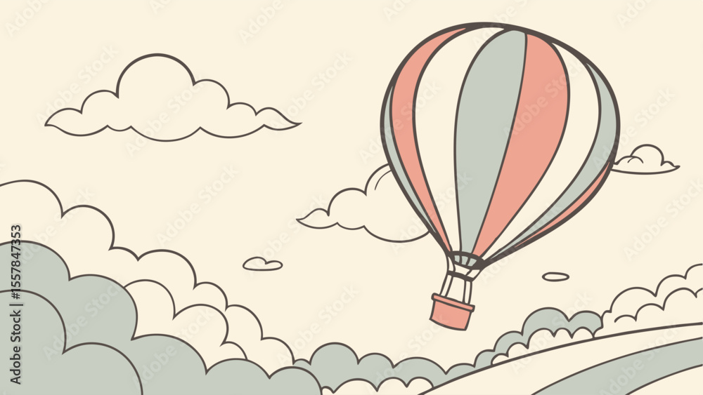 Fototapeta premium Vintage Style Hot Air Balloon Flying Over Clouds - Serene Sky Adventure Illustration