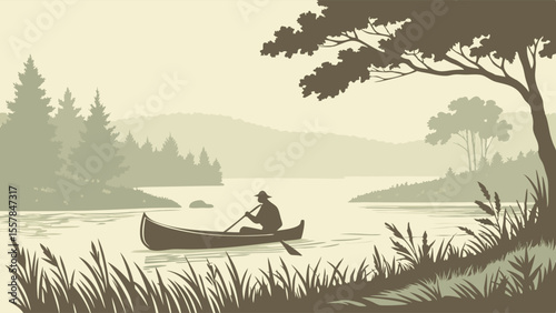Canoeist on a Peaceful Lake Surrounded by Forested Hills and Reeds, Serene Outdoor Activity Illustration