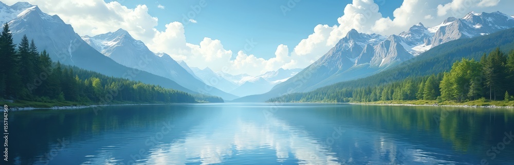 Naklejka premium Scenic summer landscape illustration. Clear blue lake, mountains, green forests under bright sky. Mountain lake reflects nature, eco environment. Wallpaper for travel, tourism, vacation, adventure.