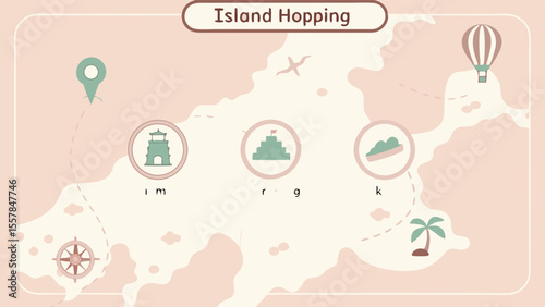 Island Hopping Adventure Map. Stylized Travel Destination Route with Landmark Icons, Plane, Hot Air Balloon & Palm Tree.