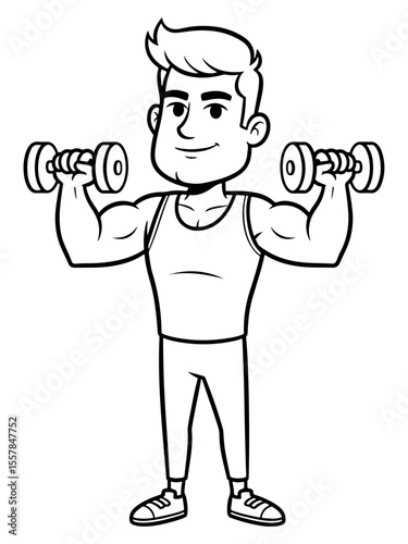 Cartoon man lifting dumbbells to strengthen his muscles and stay fit