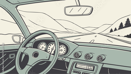 Dashboard view from car, driving on a scenic mountain road. Steering wheel perspective on a journey. Travel illustration.