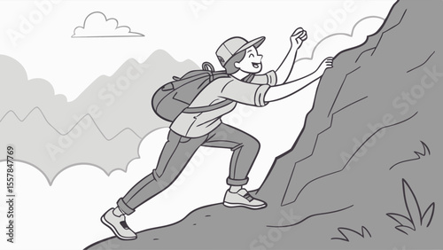 Determined hiker with backpack ascending a steep mountain trail, black and white outdoor adventure illustration.