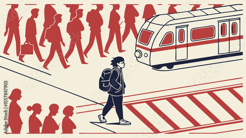 Urban Individual Navigating City Life: Person with Mask and Backpack Against the Crowd and Train